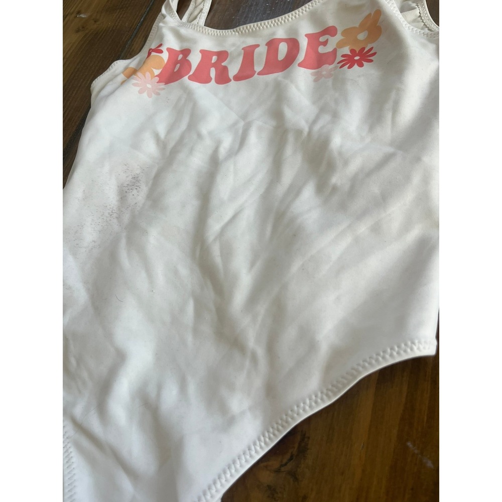 Bride Floral One Piece Swimsuit White Pink Retro Bachelorette Swimwear Size M - Picture 3 of 6